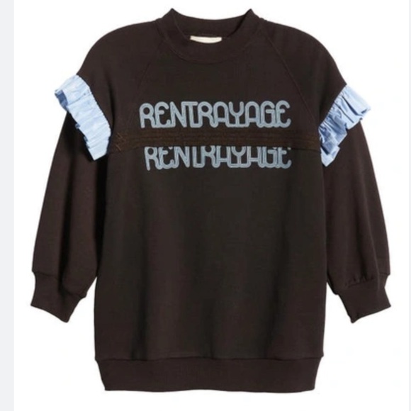 New Rentrayage Logo Graphic Ruffle Sweatshirt In Blue and Black 3/4 Sleeve Sz M - Picture 4 of 14